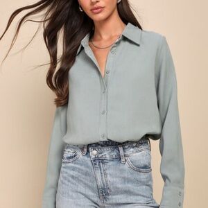 Lulus Totally Polished Sage Green Long Sleeve Button-up Top - Size S